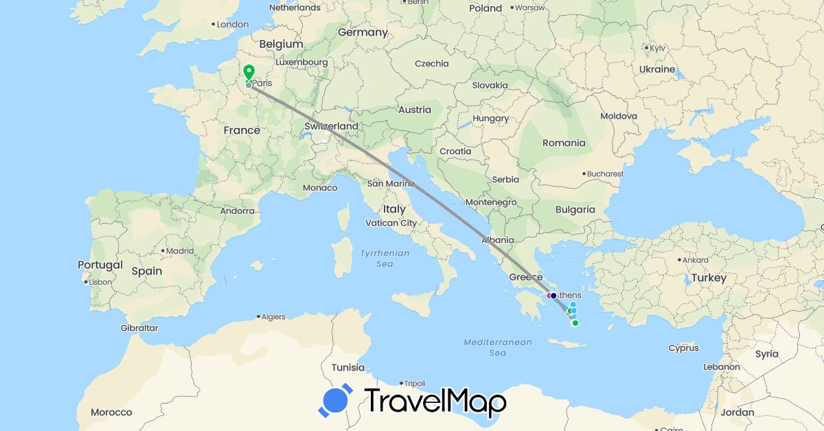 TravelMap itinerary: driving, bus, plane, train, hiking, boat, motorbike in France, Greece (Europe)